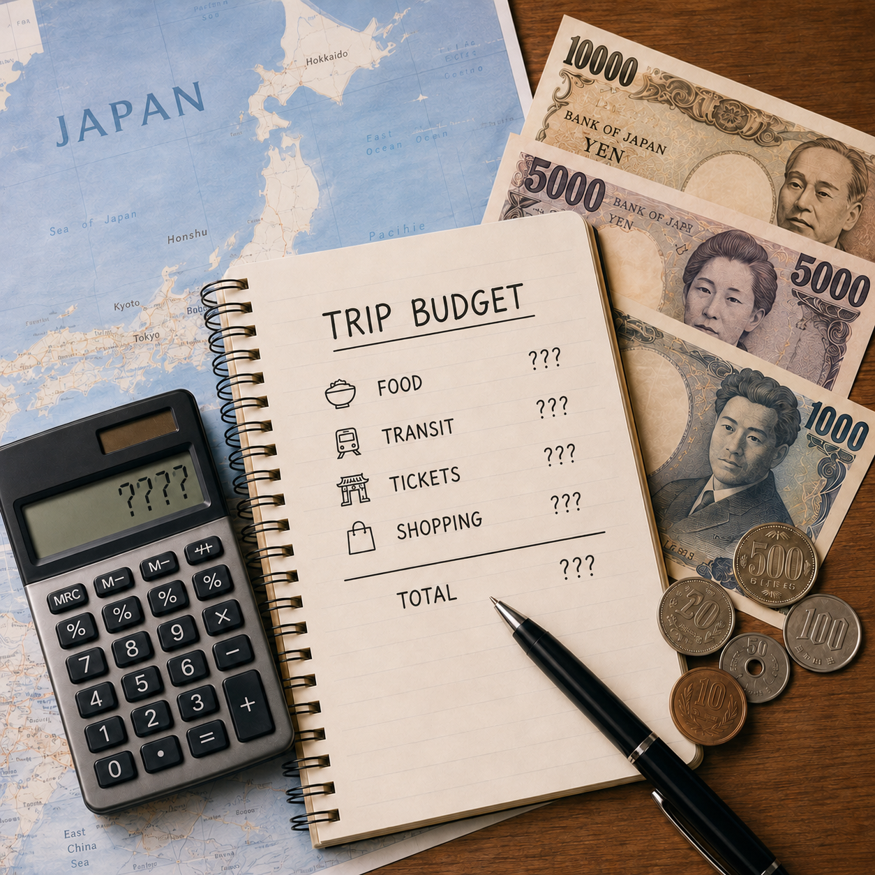 A Japan travel exchange planning image with yen cash, a phone exchange rate screen, and a notebook for estimating how much to exchange