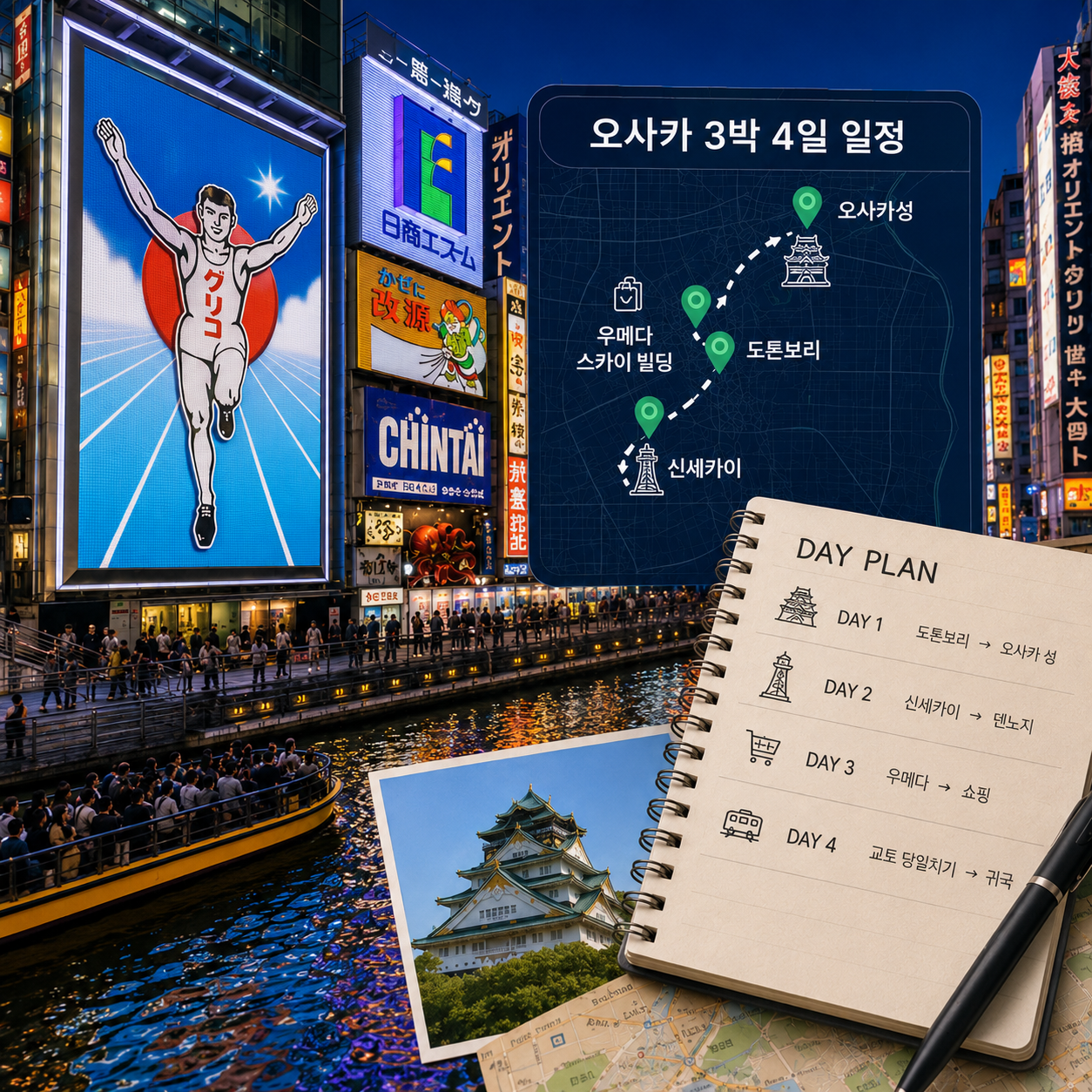 오사카 3박 4일 일정을 도톤보리, 교토 당일치기, 우메다, 오사카성 순서로 DAY별 동선 배치한 이미지